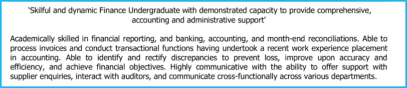 Finance student CV personal statement example